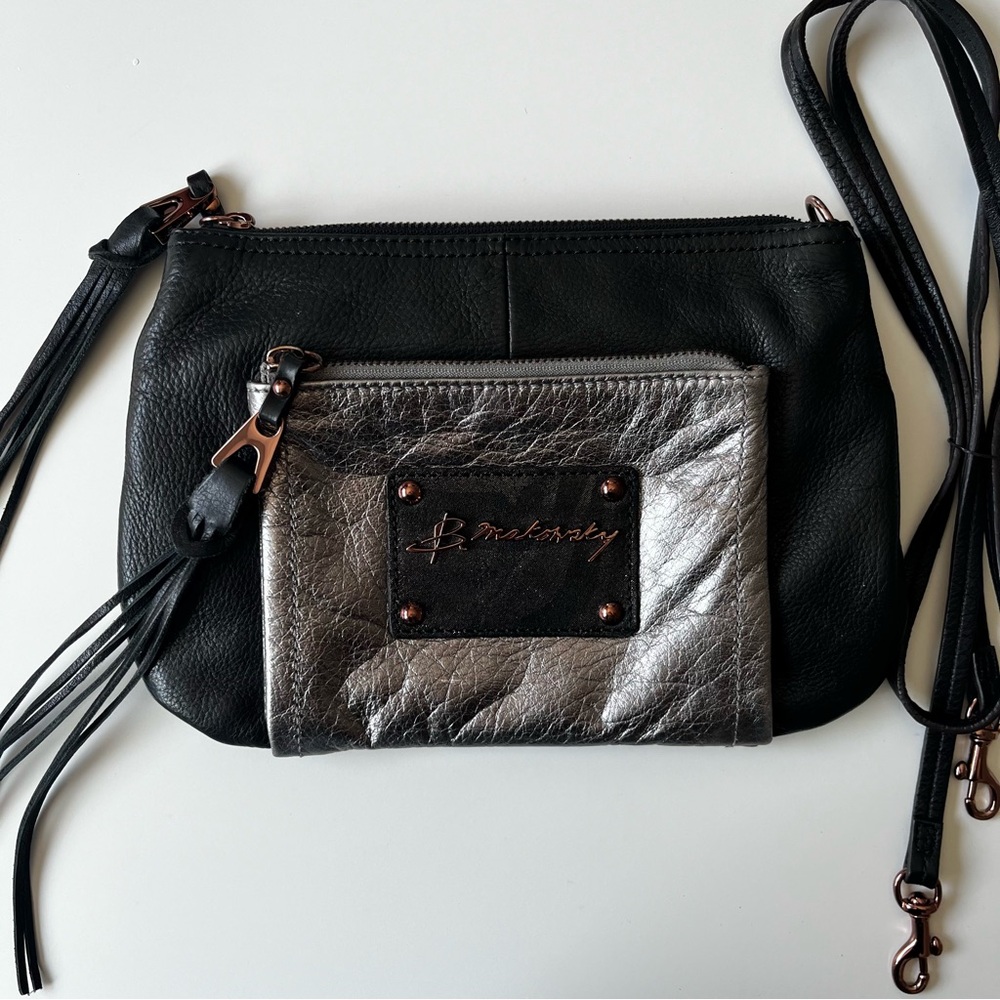 B Makowsky Leather Crossbody Purse With Fringe Tassels Small Black Gray Gold